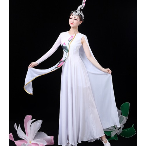 Women's chinese folk dance dress ancient lotus pattern traditional classical modern dance fairy stage performance dress